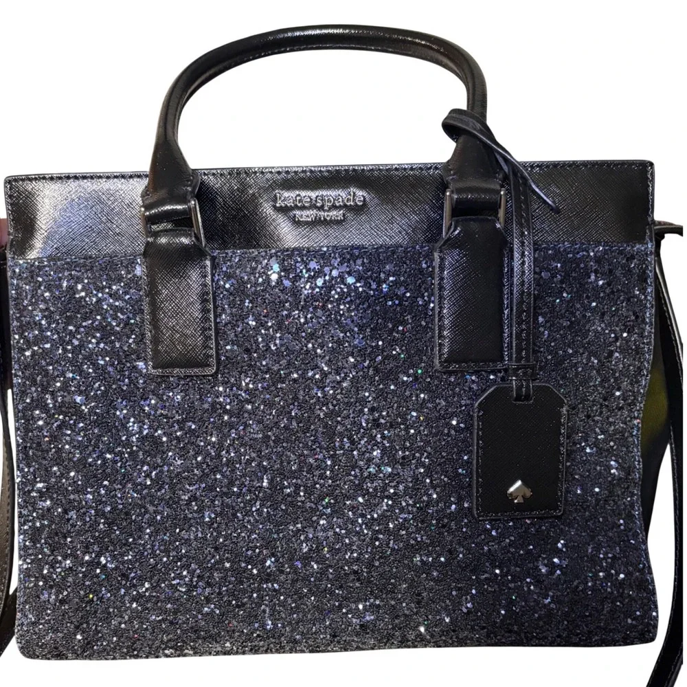 Kate Spade Cameron Navy Glitter Black Saffiano Leather Satchel Crossbody Handbag